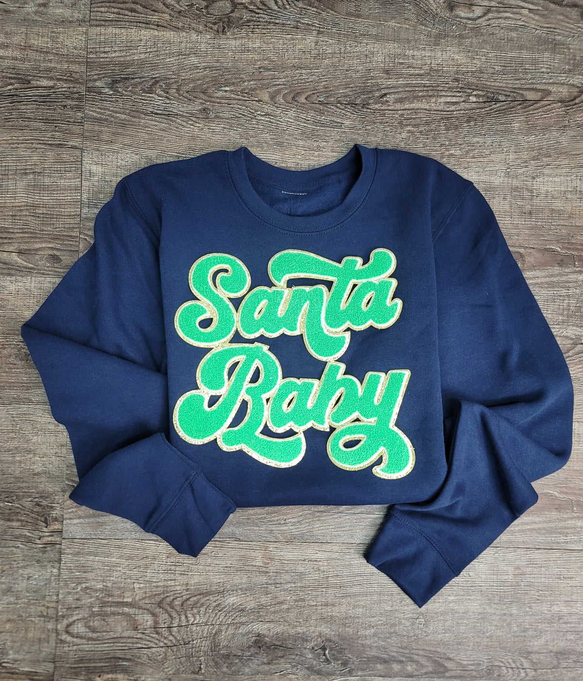 3Blues Designs |   Hazel Blues® |  Santa Baby Chenille Patch Sweatshirt: LIME GREEN