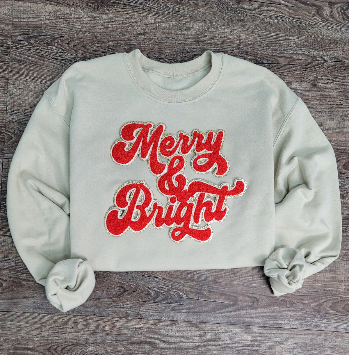 3Blues Designs |   Hazel Blues® |  Merry & Bright Chenille Patch Sweatshirt: RED