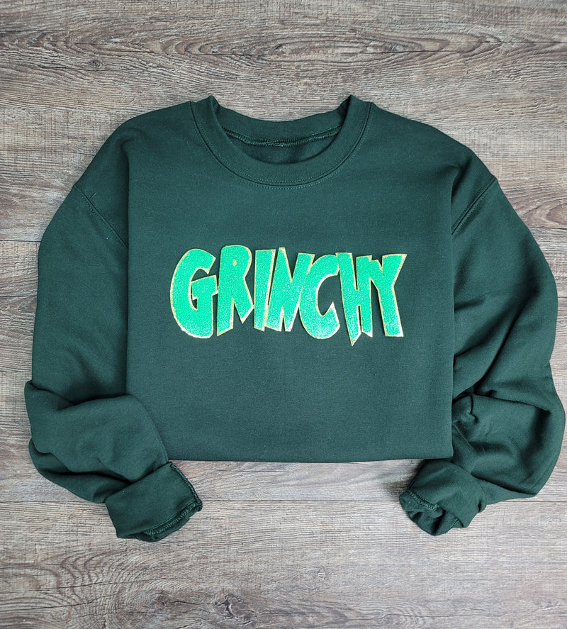 3Blues Designs |   Hazel Blues® |  Grinchy Chenille Patch Sweatshirt: LIME GREEN