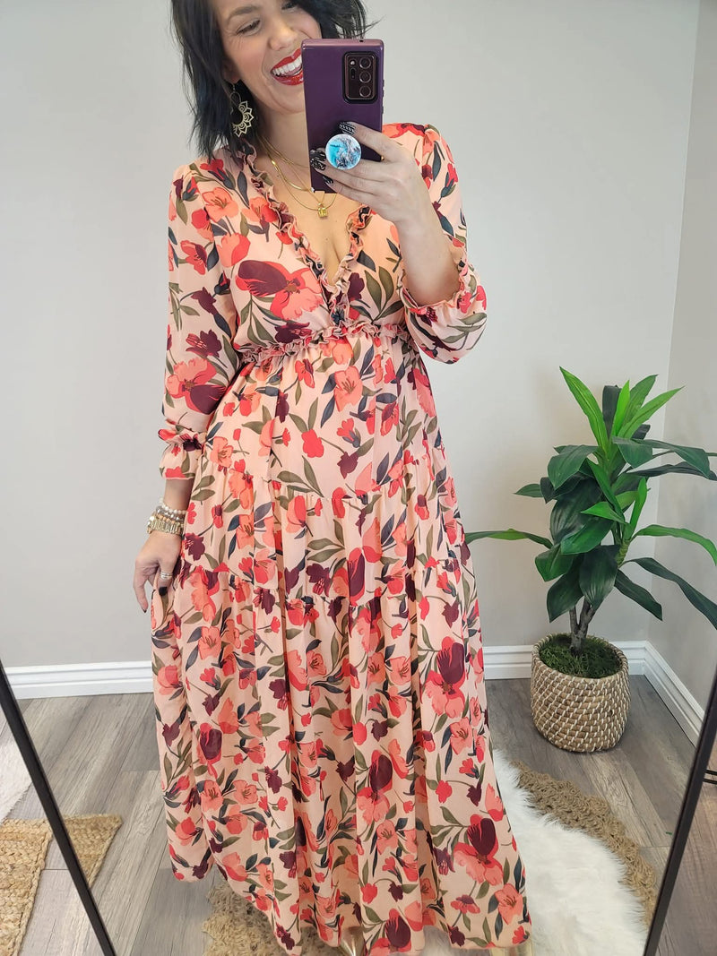 Floral Frill Trim Sleeve Plunge Maxi Dress - Floral / M Floral Frill Trim Sleeve Plunge Maxi Dress - Floral / M