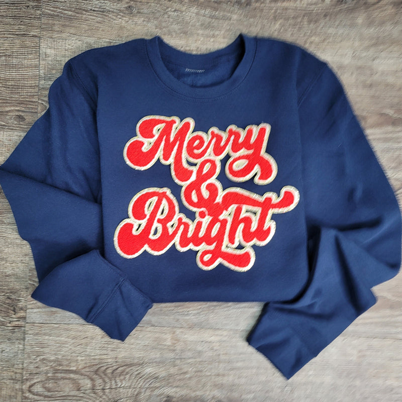 3Blues Designs |   Hazel Blues® |  Merry & Bright Chenille Patch Sweatshirt: RED