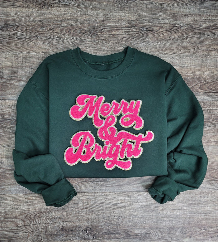 Hazel Blues® |  Merry & Bright Chenille Patch Sweatshirt: HOT PINK