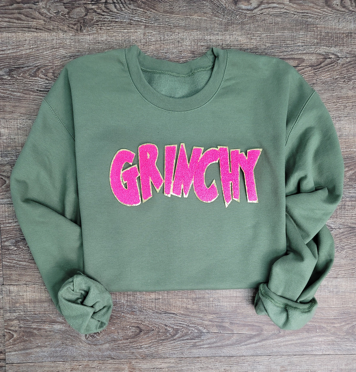 3Blues Designs |   Hazel Blues® |  Grinchy Chenille Patch Sweatshirt: HOT PINK