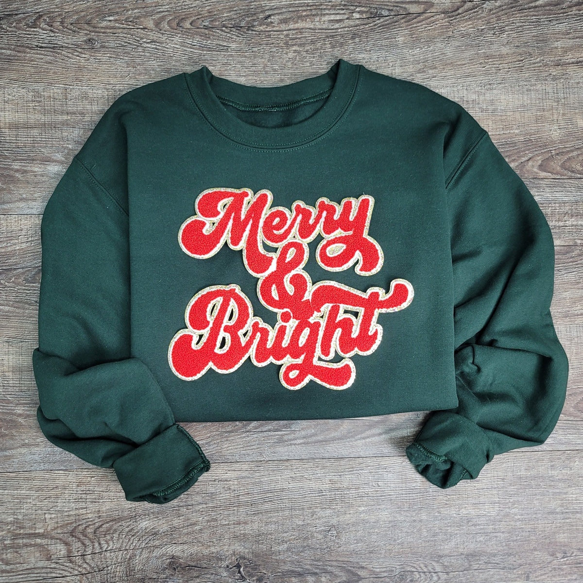 3Blues Designs |   Hazel Blues® |  Merry & Bright Chenille Patch Sweatshirt: RED