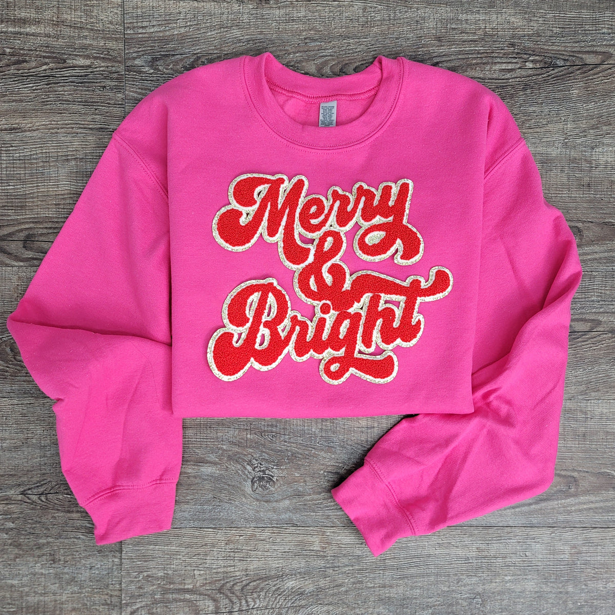 Hazel Blues® |  Merry & Bright Chenille Patch Sweatshirt: RED