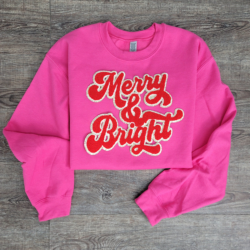 3Blues Designs |   Hazel Blues® |  Merry & Bright Chenille Patch Sweatshirt: RED