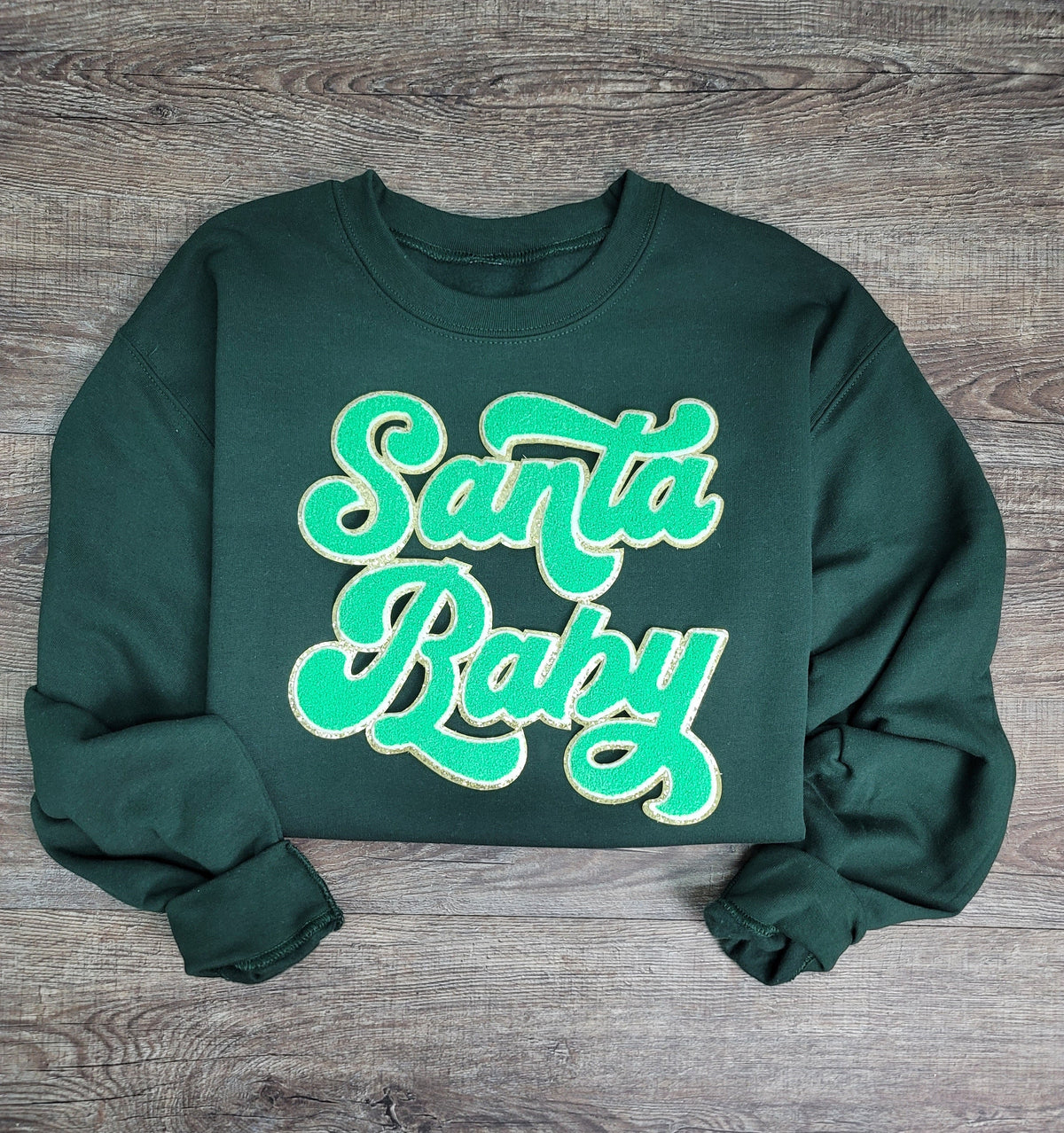 3Blues Designs |   Hazel Blues® |  Santa Baby Chenille Patch Sweatshirt: LIME GREEN