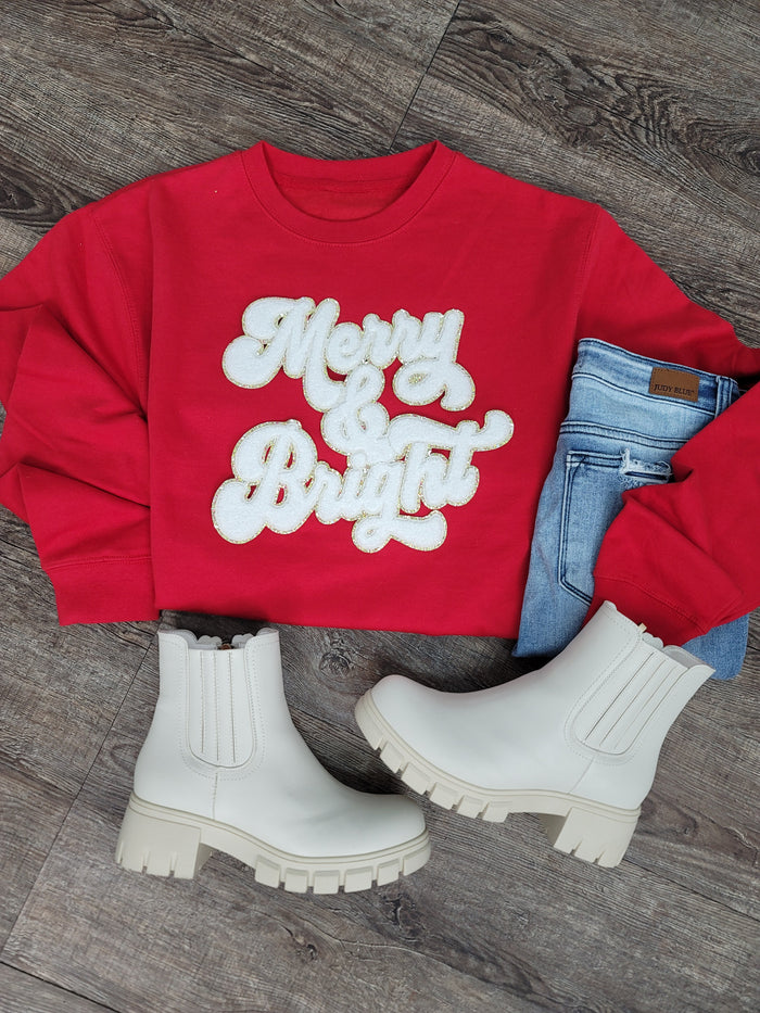 3Blues Designs |   Hazel Blues® |  Merry & Bright Chenille Patch Sweatshirt: WHITE