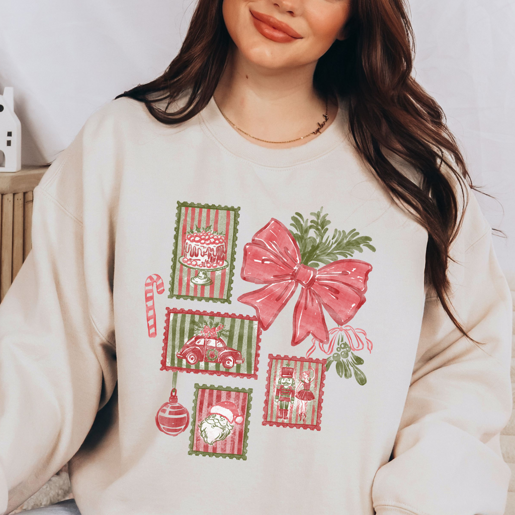 Christmas Bow & Holiday Stamps Crewneck Sweatshirt