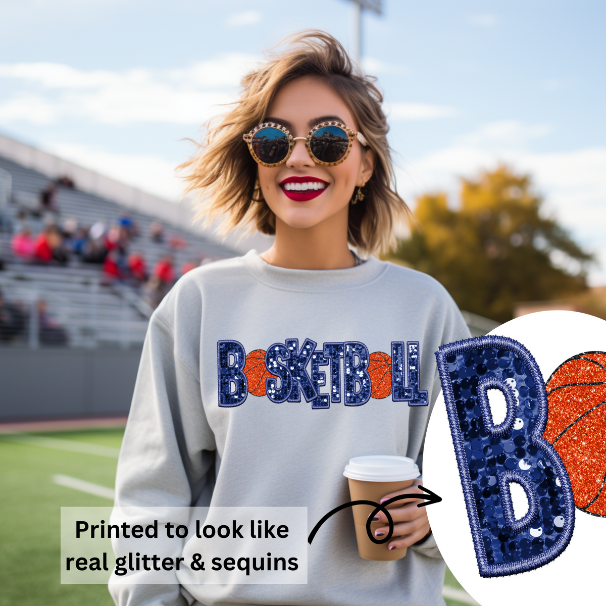 Hazel Blues® |  Basketball Faux Chenille Sequin Patches Sweatshirt: Navy