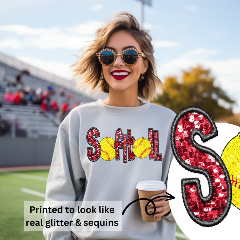 3Blues Designs |   Hazel Blues® |  Softball Faux Chenille Sequin Patches Sweatshirt: Red