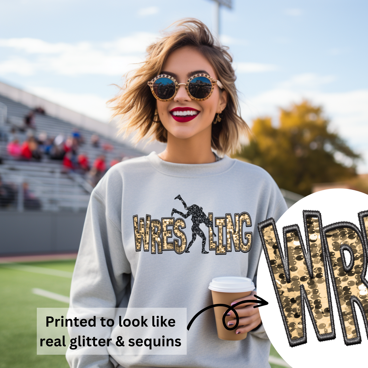 3Blues Designs |   Hazel Blues® |  Wrestling Faux Chenille Sequin Patches Sweatshirt: Gold