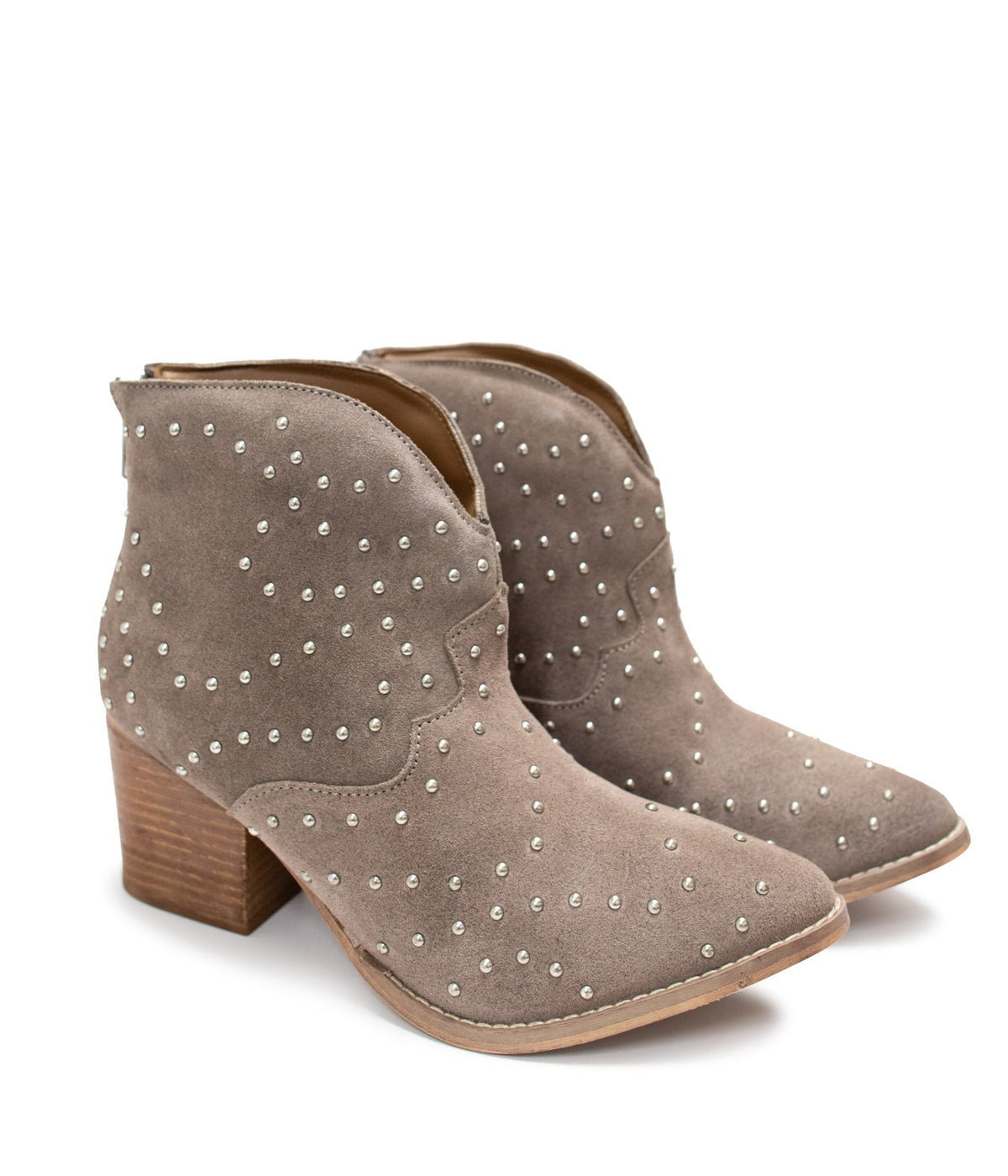 Hazel Blues® |  Twilight Studded Heeled Ankle Boot in Taupe