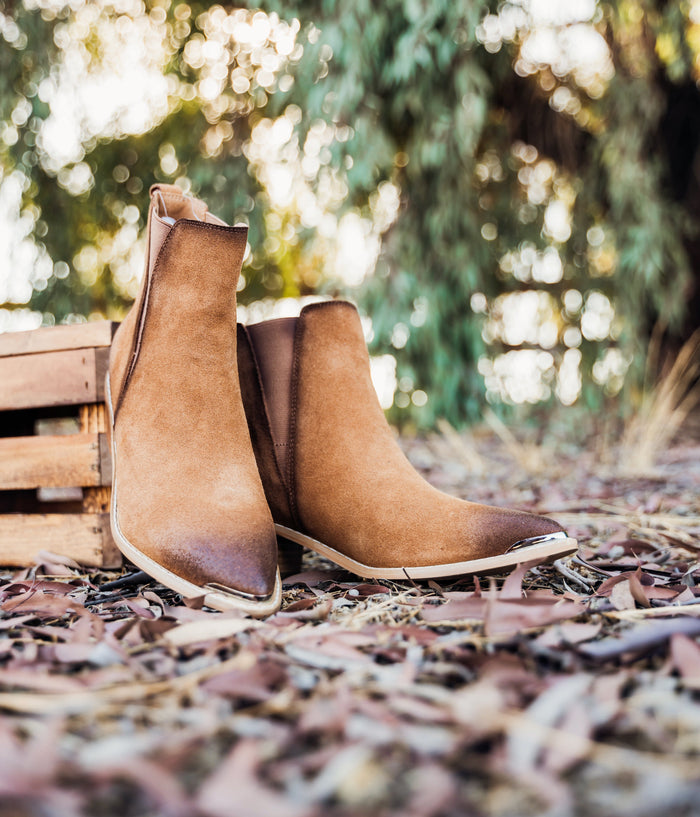 Hazel Blues® |  Wylie Suede Ankle Boot in Tan