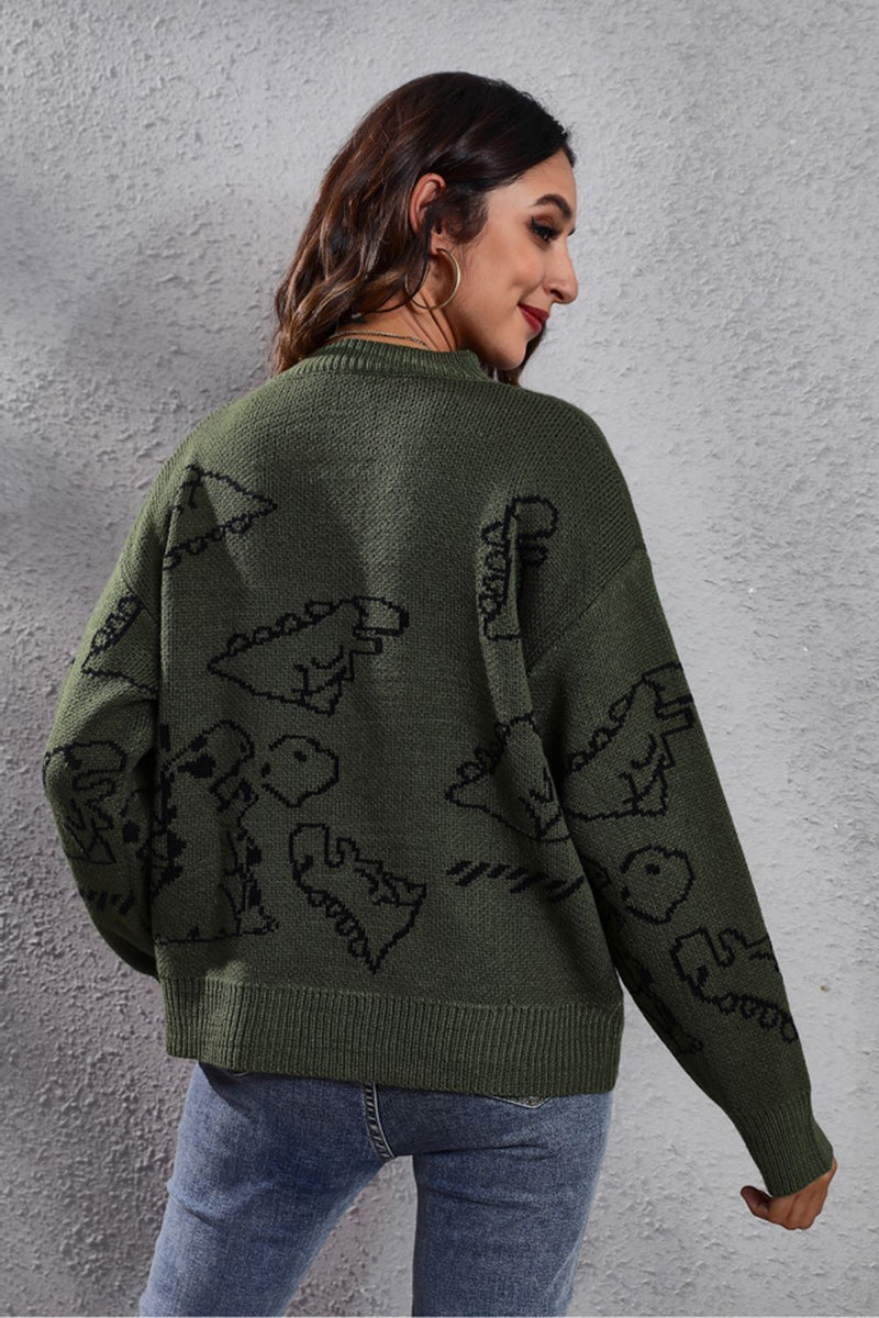 Hazel Blues® |  Dinosaur Pattern Round Neck Sweater