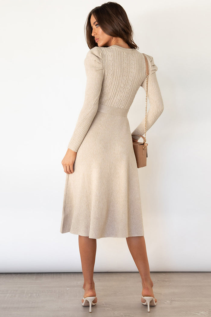 Hazel Blues® |  Round Neck Long Sleeve Tie Waist Sweater Dress