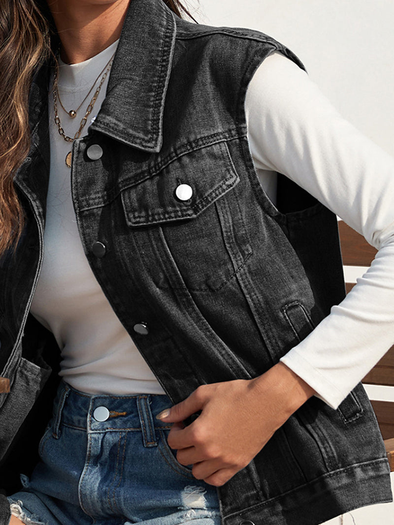 Hazel Blues® |  Collared Neck Sleeveless Denim Jacket