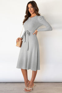 Hazel Blues® |  Round Neck Long Sleeve Tie Waist Sweater Dress