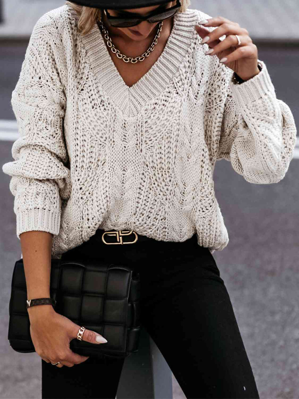 Hazel Blues® |  V-Neck Cable-Knit Long Sleeve Sweater