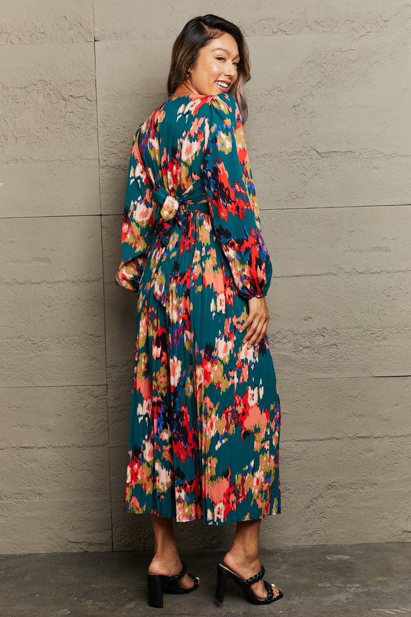 Hazel Blues® |  Printed Deep V Slit Pleated Dress