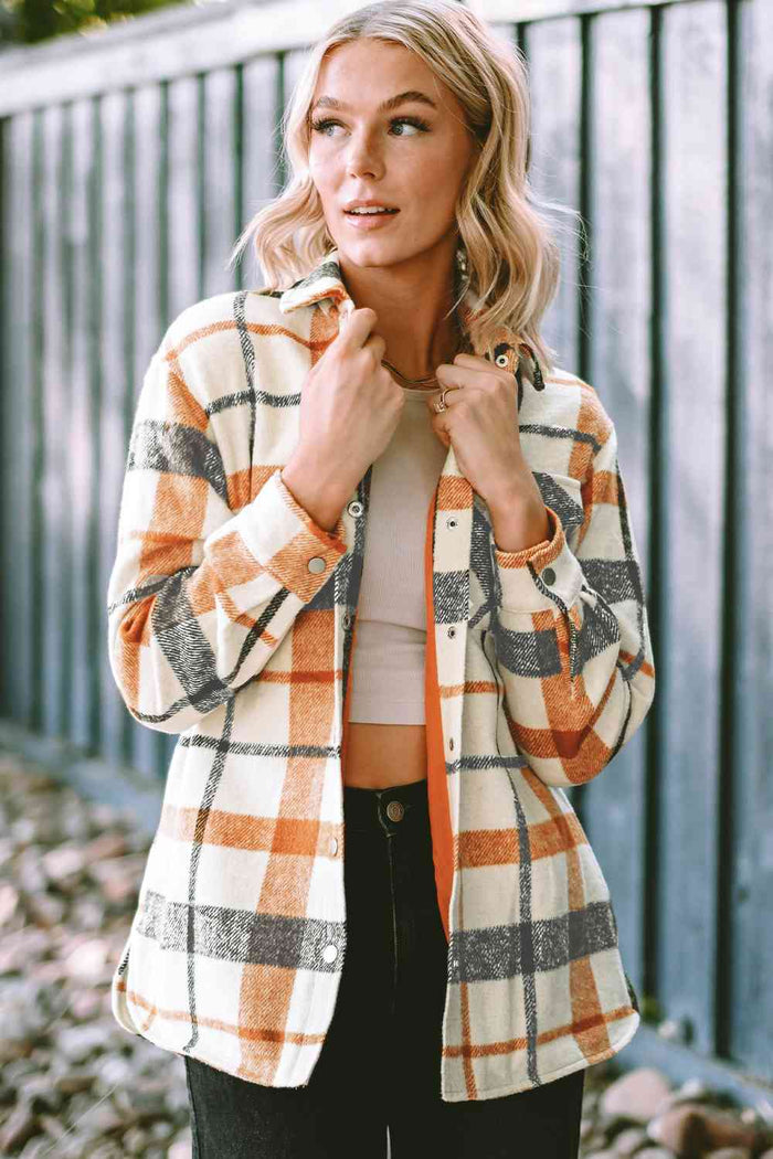 Hazel Blues® |  Plaid Collared Neck Snap Down Jacket