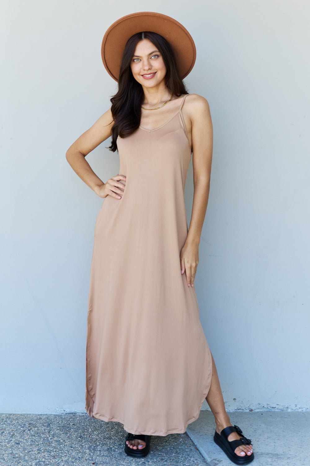 Hazel Blues® |  Ninexis Good Energy Cami Side Slit Maxi Dress in Camel