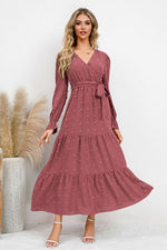 Hazel Blues® |  Swiss Dot Tied Surplice Flounce Sleeve Dress