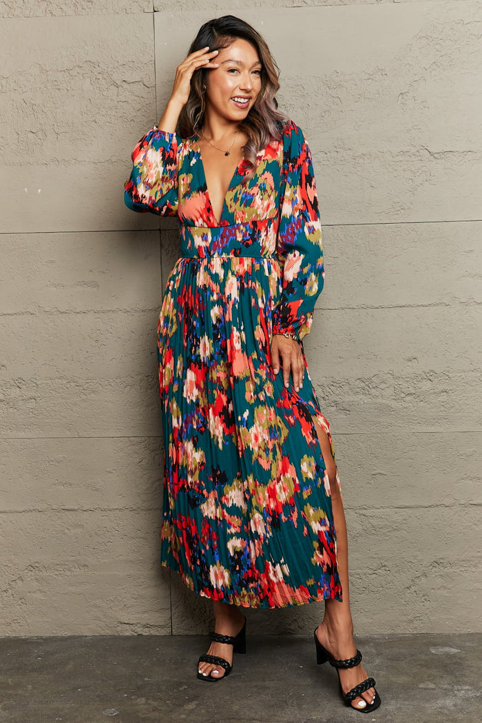 Hazel Blues® |  Printed Deep V Slit Pleated Dress