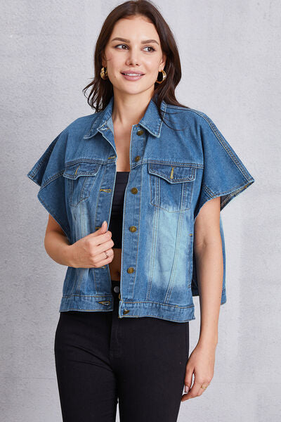 Hazel Blues® |  Pocketed Button Up Short Sleeve Denim Top