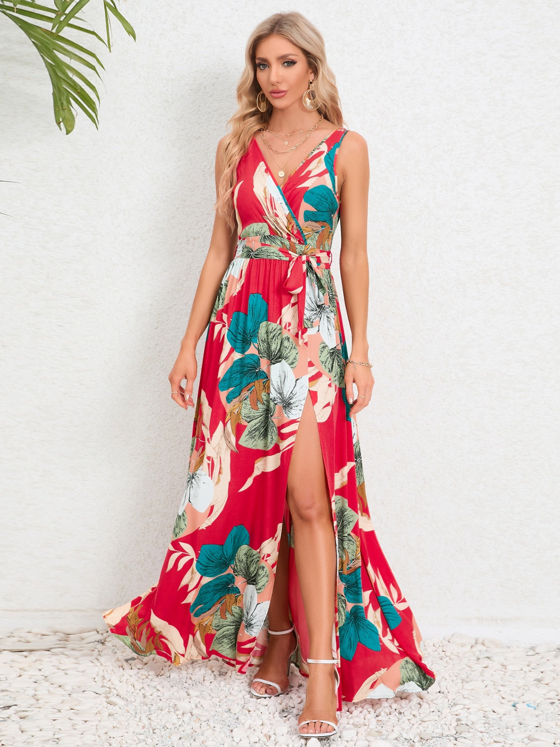 Hazel Blues® |  Slit Tied Printed Surplice Dress