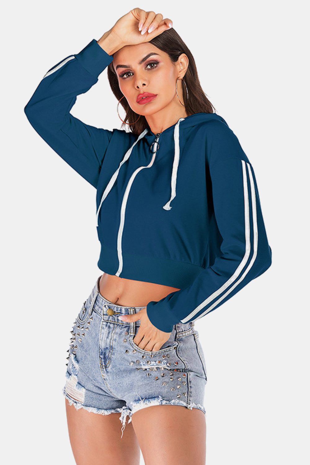 Hazel Blues® |  Side Stripe Drawstring Cropped Hooded Jacket