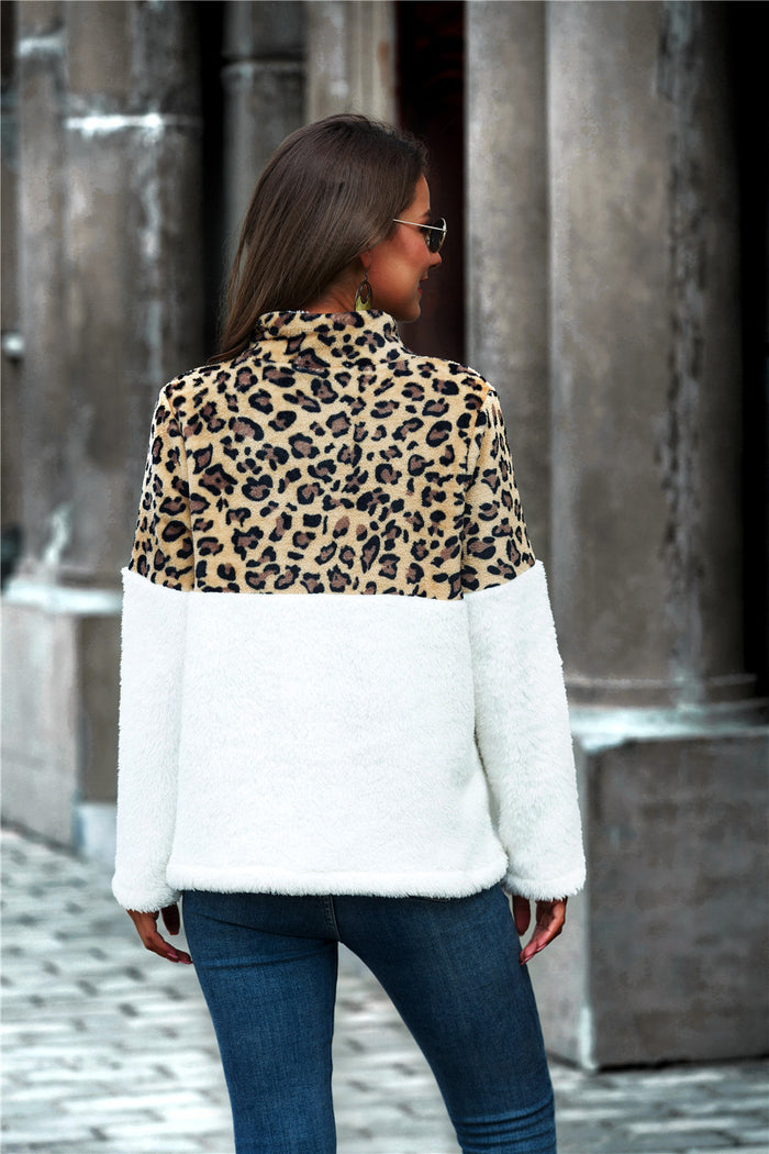 Hazel Blues® |  Leopard Color Block Half-Zip Collar Teddy Sweatshirt