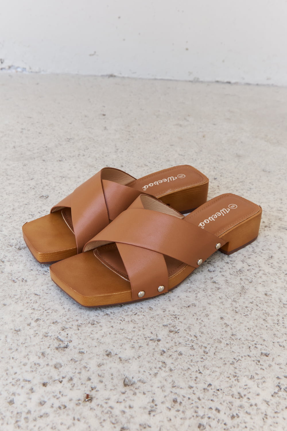 Hazel Blues® |  Weeboo Step Into Summer Criss Cross Wooden Clog Mule in Brown