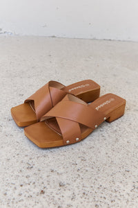 Hazel Blues® |  Weeboo Step Into Summer Criss Cross Wooden Clog Mule in Brown