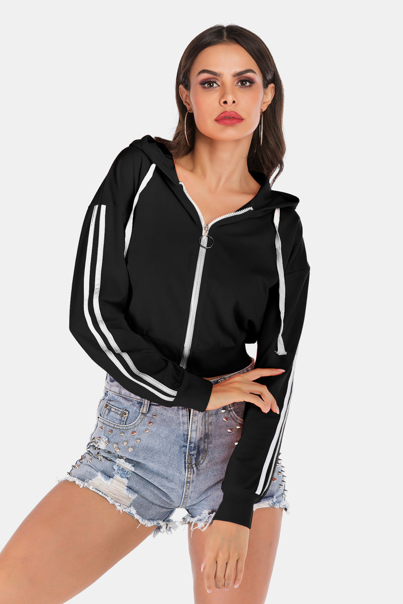 Hazel Blues® |  Side Stripe Drawstring Cropped Hooded Jacket