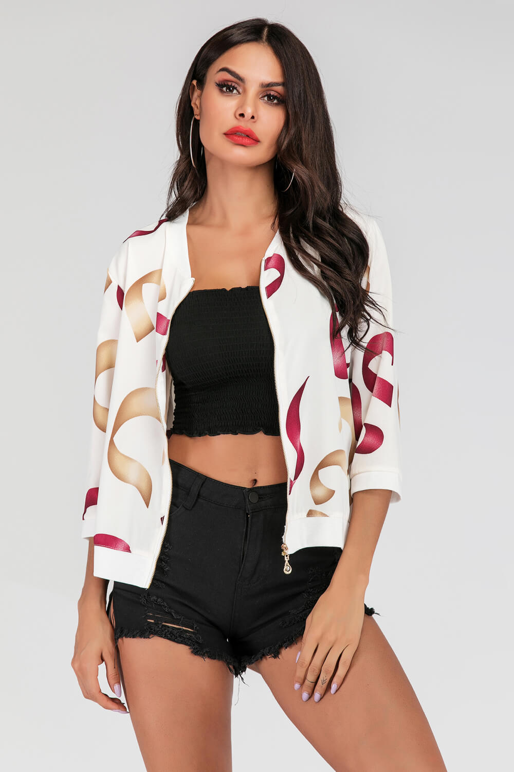 Hazel Blues® |  Printed Zip-Up Three-Quarter Sleeve Bomber Jacket