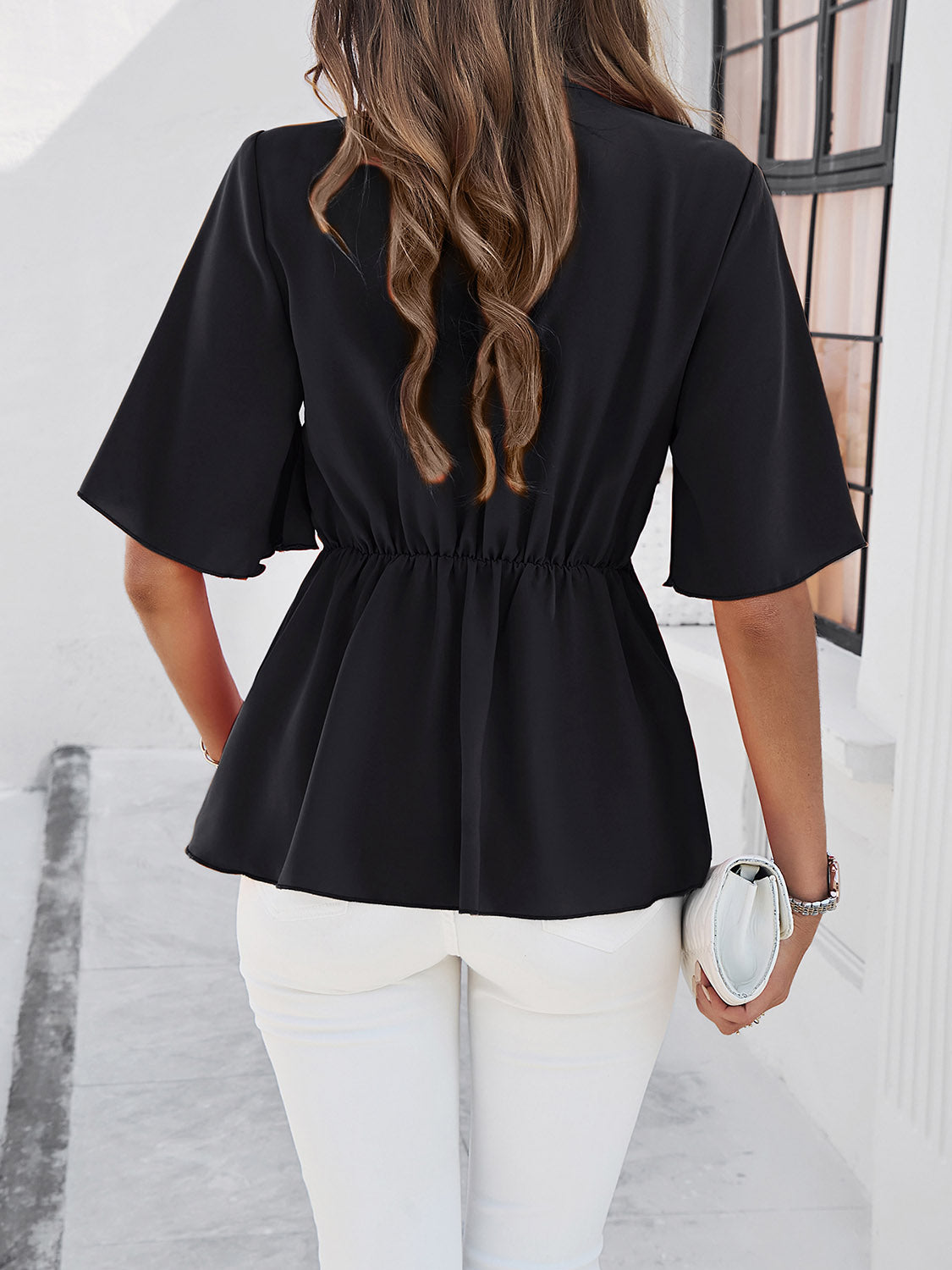 Hazel Blues® |  Surplice Tie Waist Half Sleeve Blouse