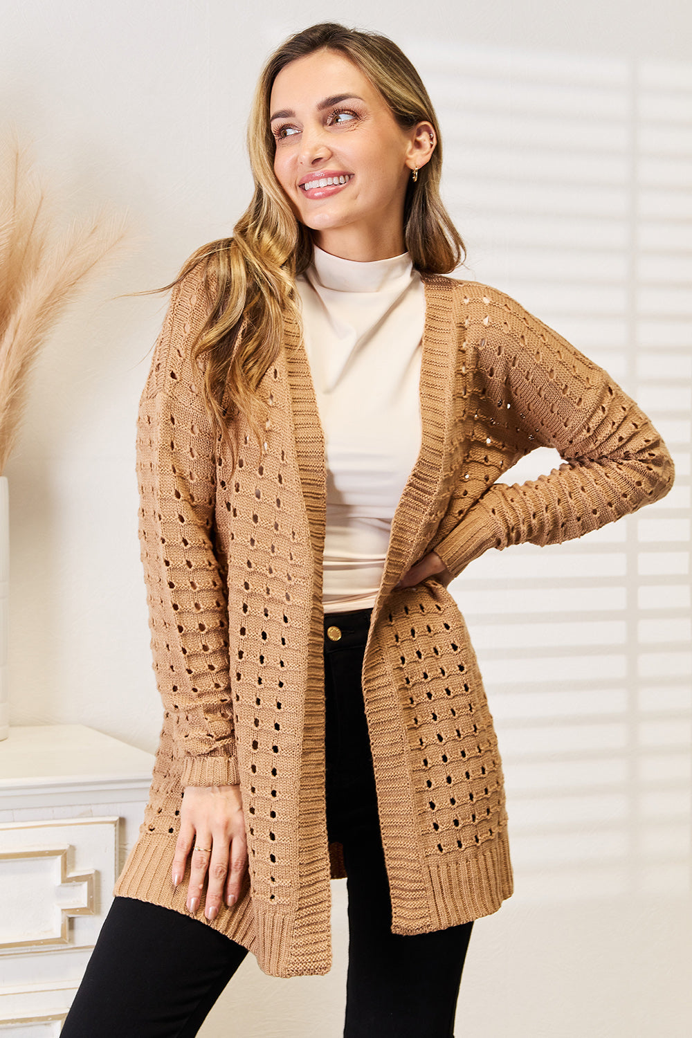 Hazel Blues® |  Woven Right Openwork Horizontal Ribbing Open Front Cardigan