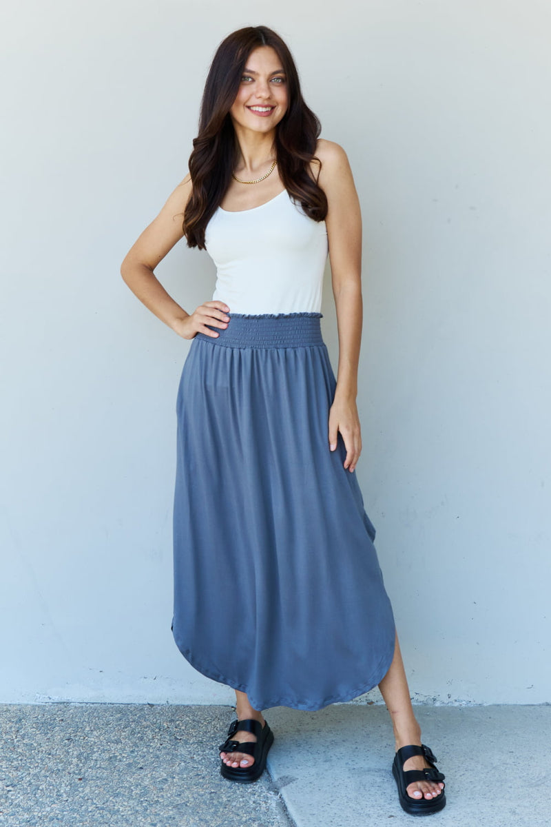 Hazel Blues® |  Doublju Comfort Princess High Waist Scoop Hem Maxi Skirt in Dusty Blue