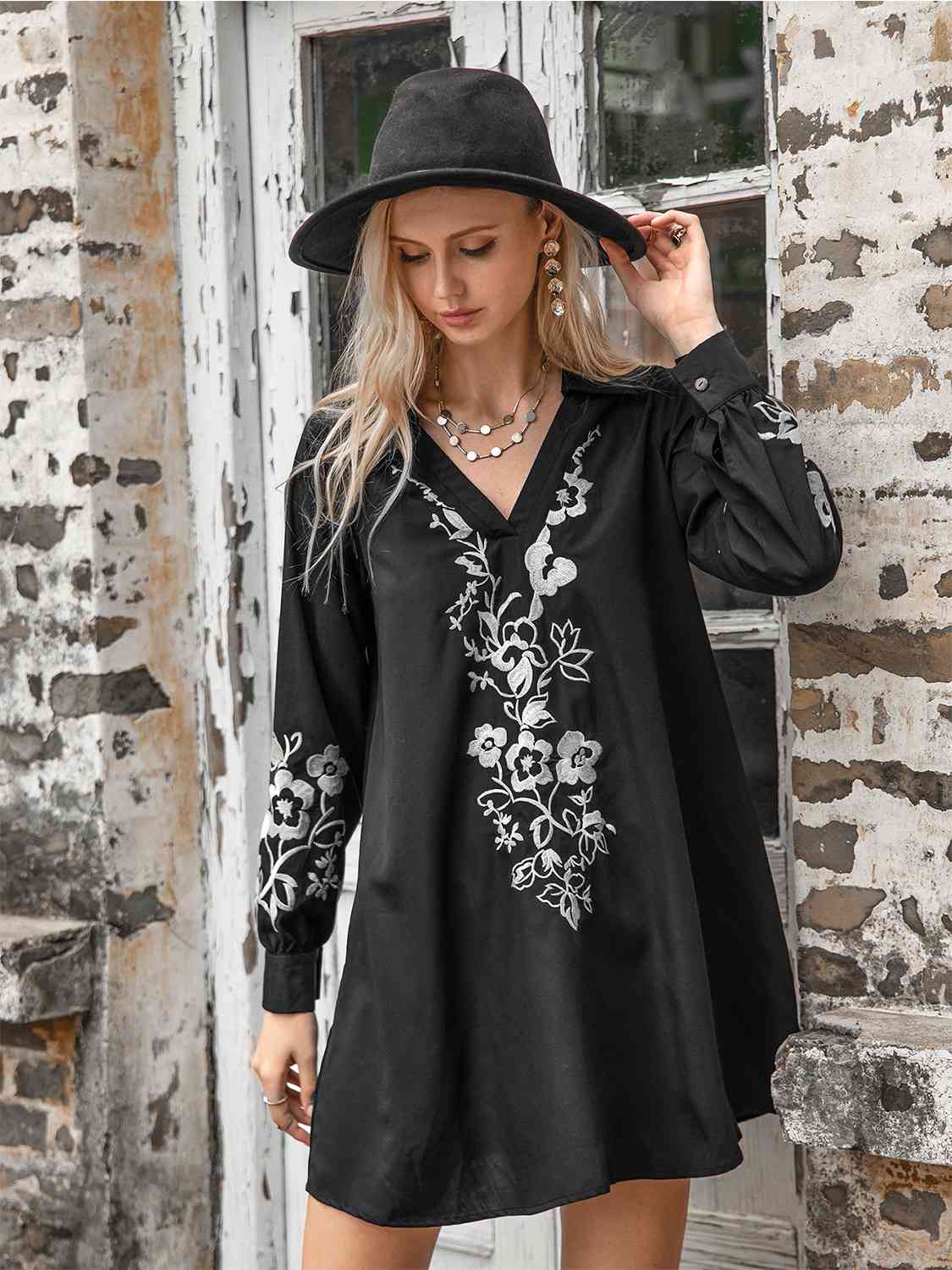 Hazel Blues® |  Floral Collared Neck Long Sleeve Dress