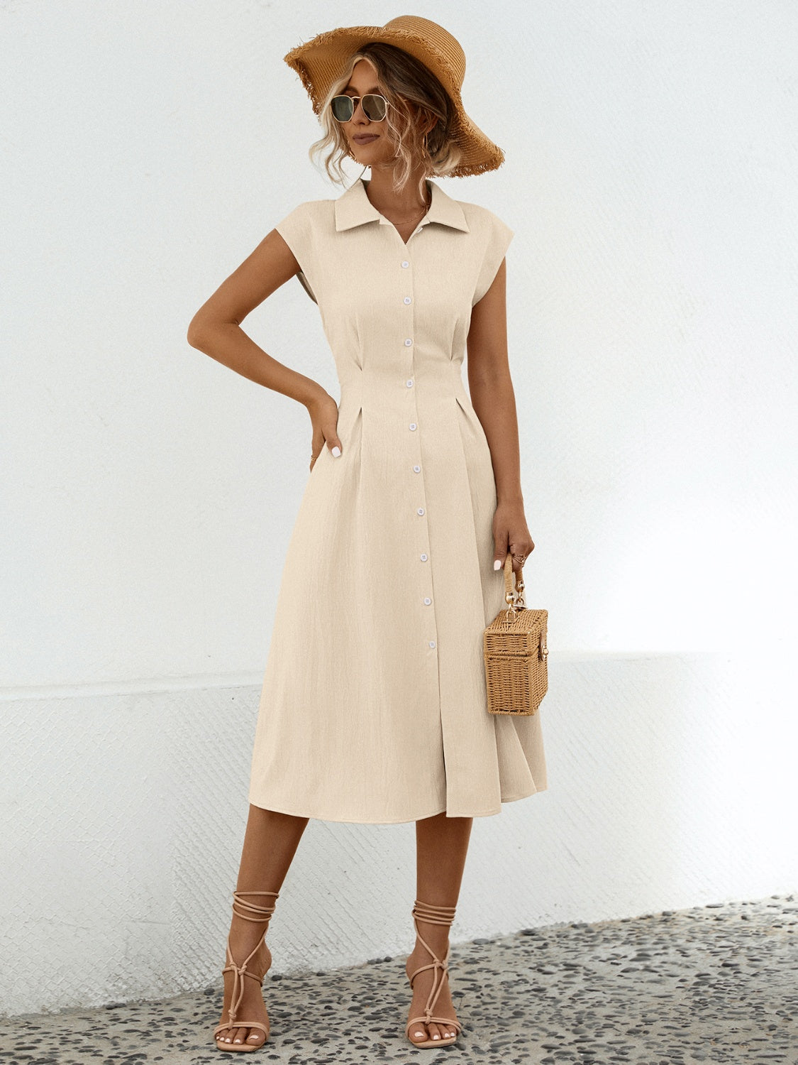 Hazel Blues® |  Button Up Cap Sleeve Midi Dress