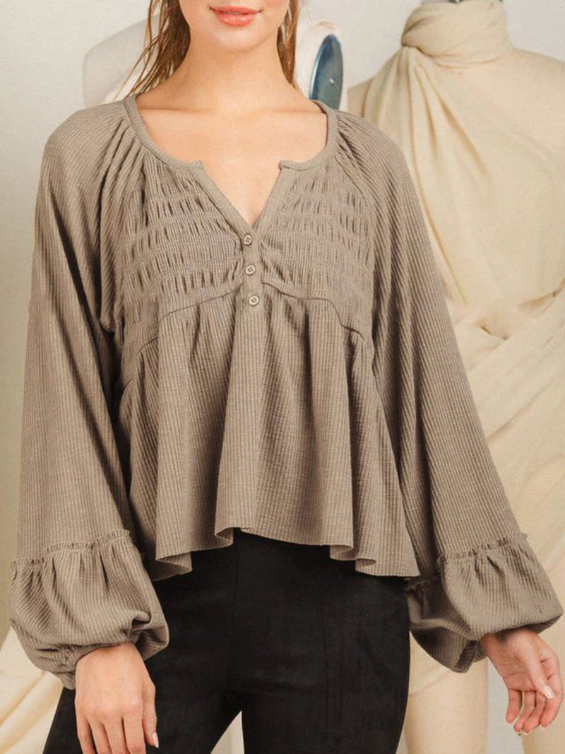 Hazel Blues® |  Notched Balloon Sleeve Peplum Blouse