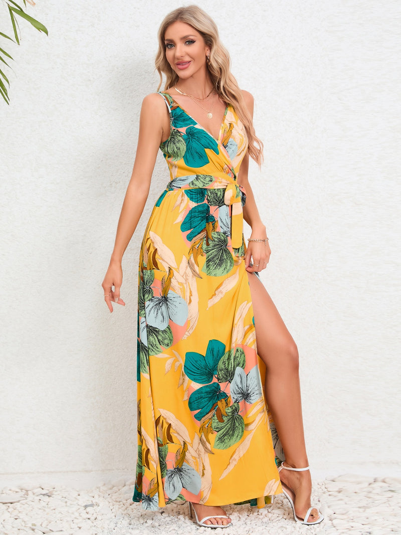 Hazel Blues® |  Slit Tied Printed Surplice Dress