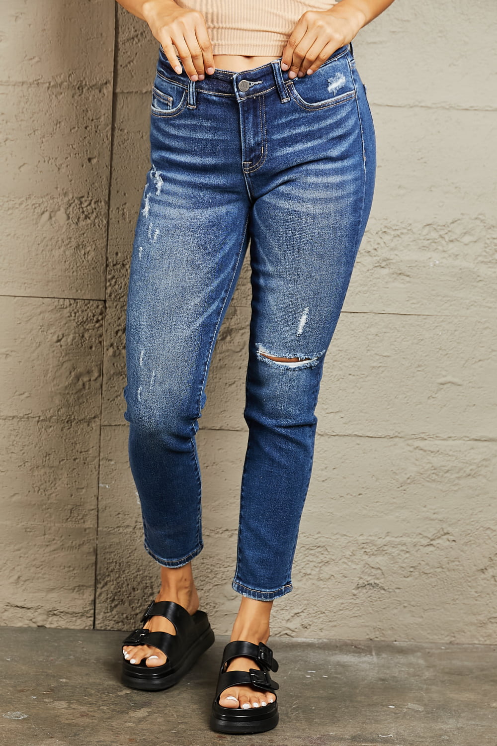 Hazel Blues® |  BAYEAS Mid Rise Distressed Slim Jeans