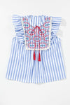 Hazel Blues® |  Embroidered Tassel Striped Tie Neck Blouse