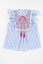 Hazel Blues® |  Embroidered Tassel Striped Tie Neck Blouse