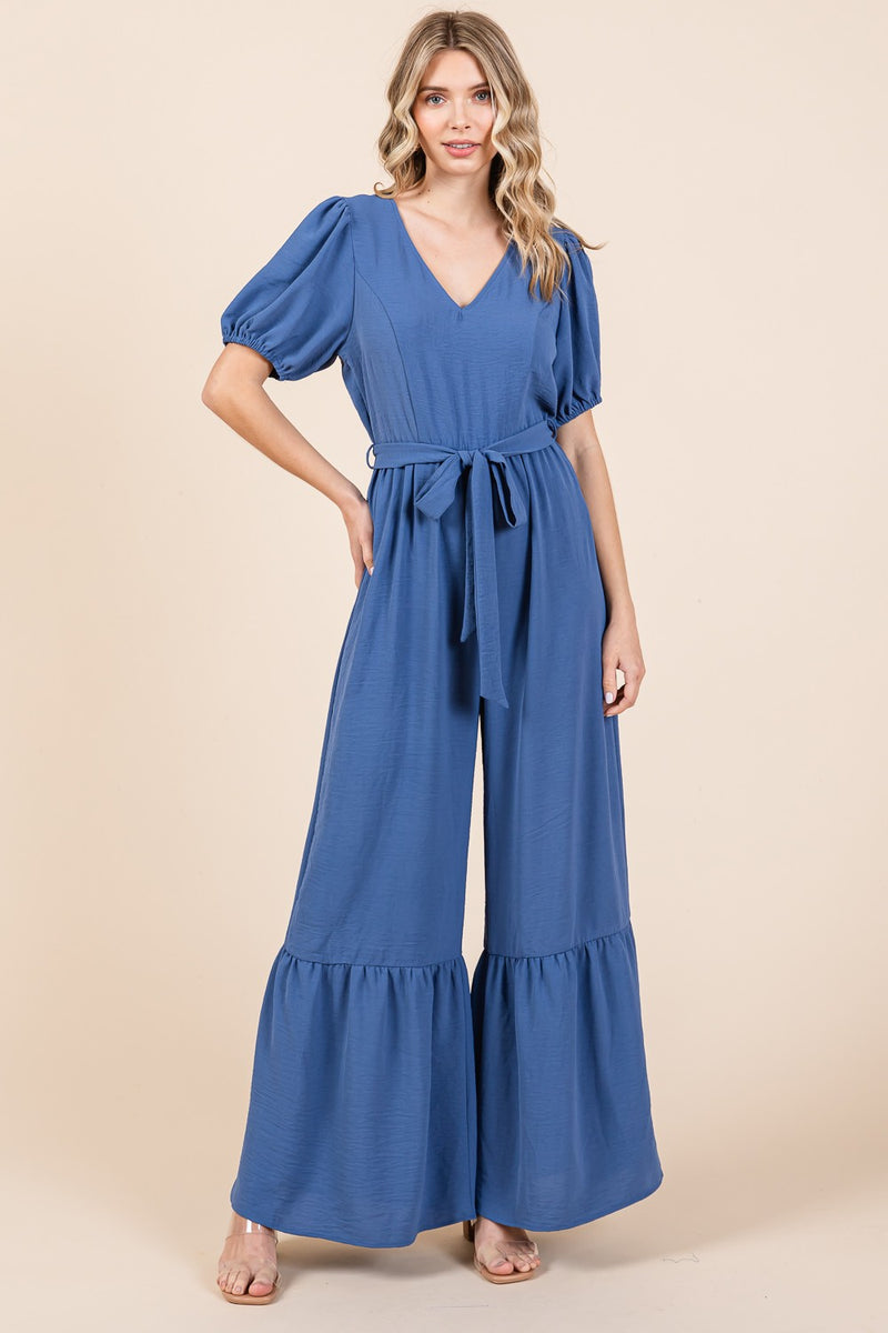 Hazel Blues® |  GeeGee V-Neck Belted Wide Leg Jumpsuit