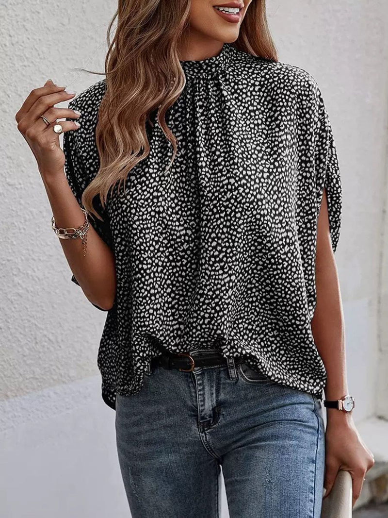 Hazel Blues® |  Tied Printed Mock Neck Half Sleeve Blouse