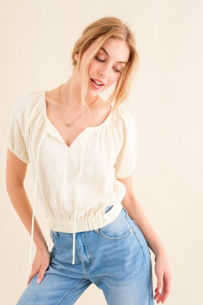 Hazel Blues® |  And The Why Cotton Gauze Back Waist Tie Cropped Blouse