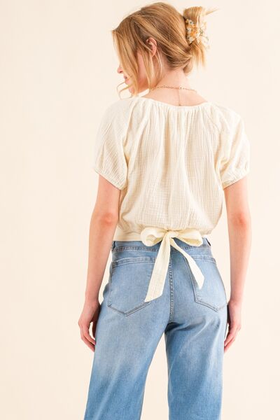 Hazel Blues® |  And The Why Cotton Gauze Back Waist Tie Cropped Blouse